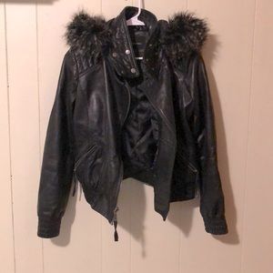 Black fur hood leather jacket